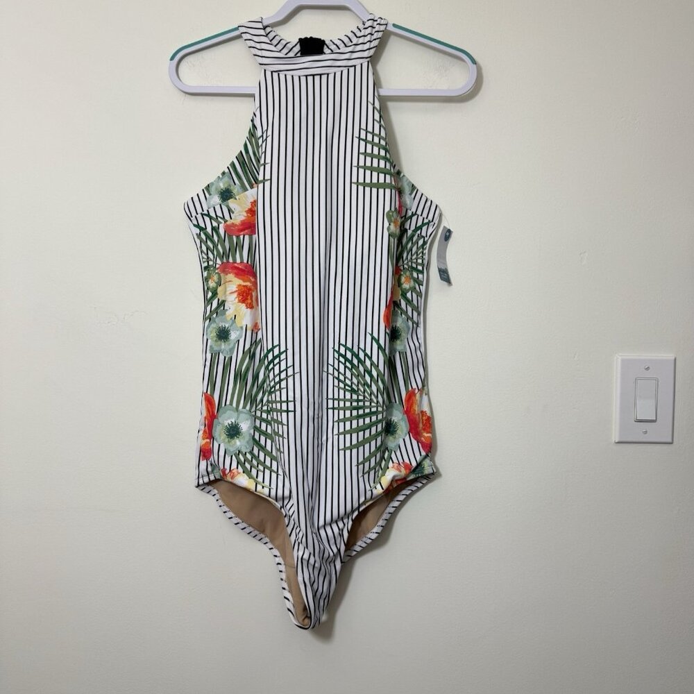 Cacique One Piece Swimsuit Size 18 Tropical Print Stripes Padding Back Zip New